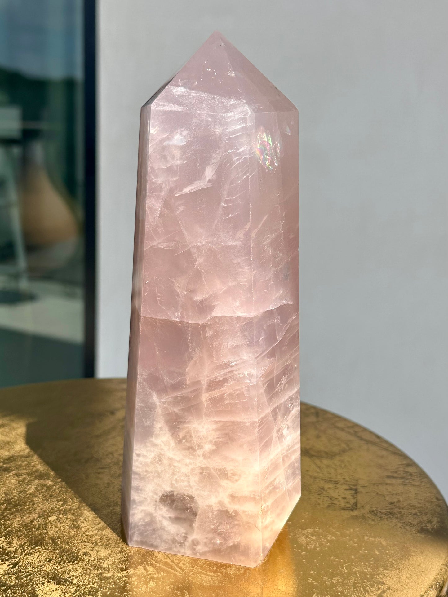 Ombre Blue to Violet Rose Quartz Tower With Rainbows