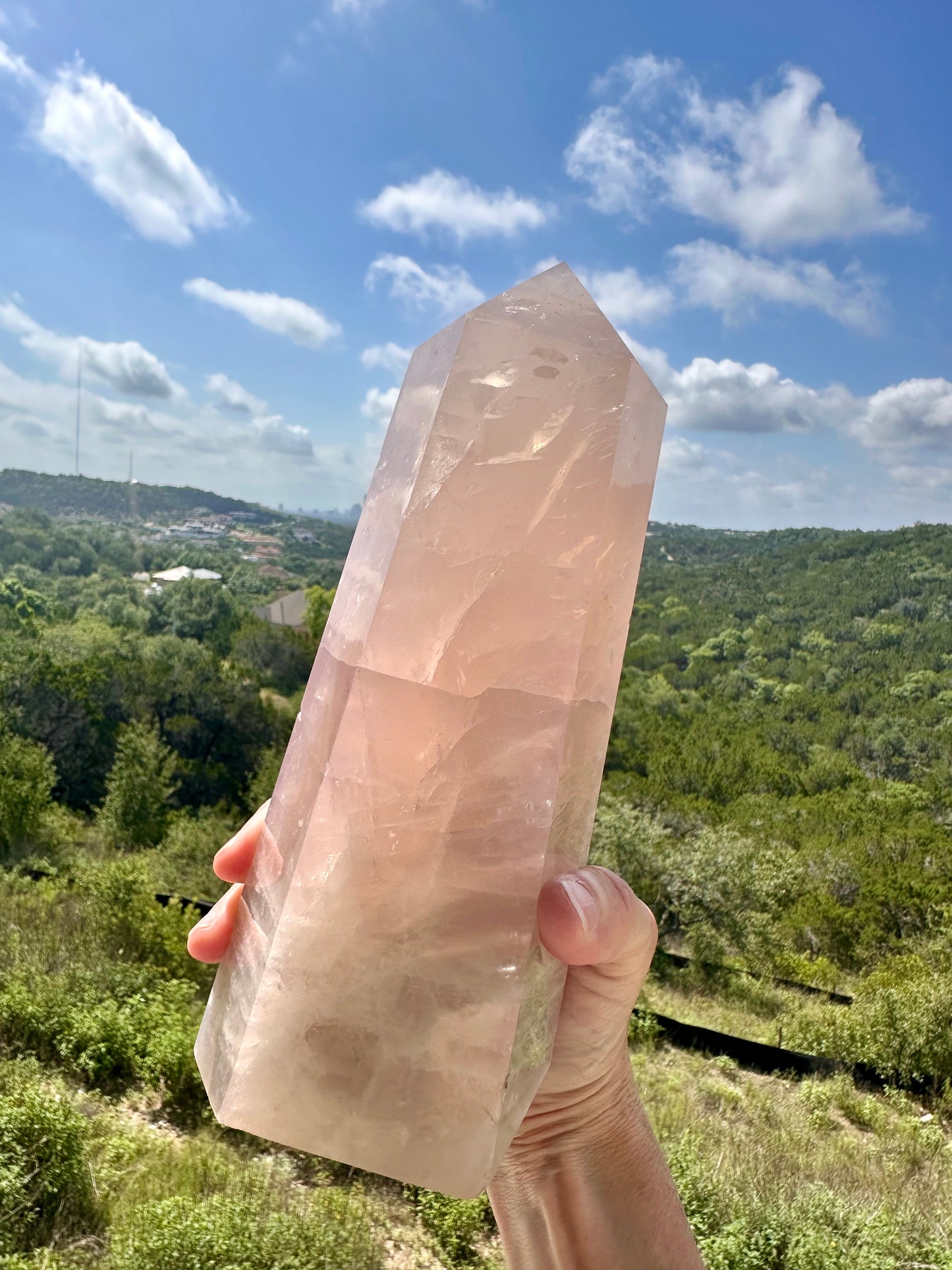 Ombre Blue to Violet Rose Quartz Tower With Rainbows