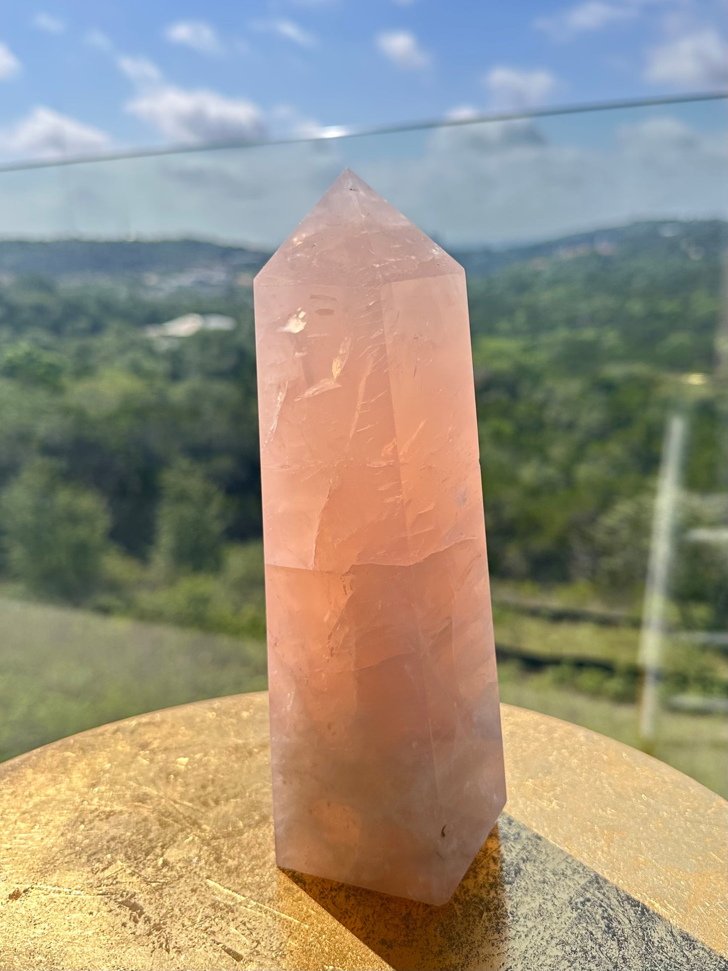 Ombre Blue to Violet Rose Quartz Tower With Rainbows