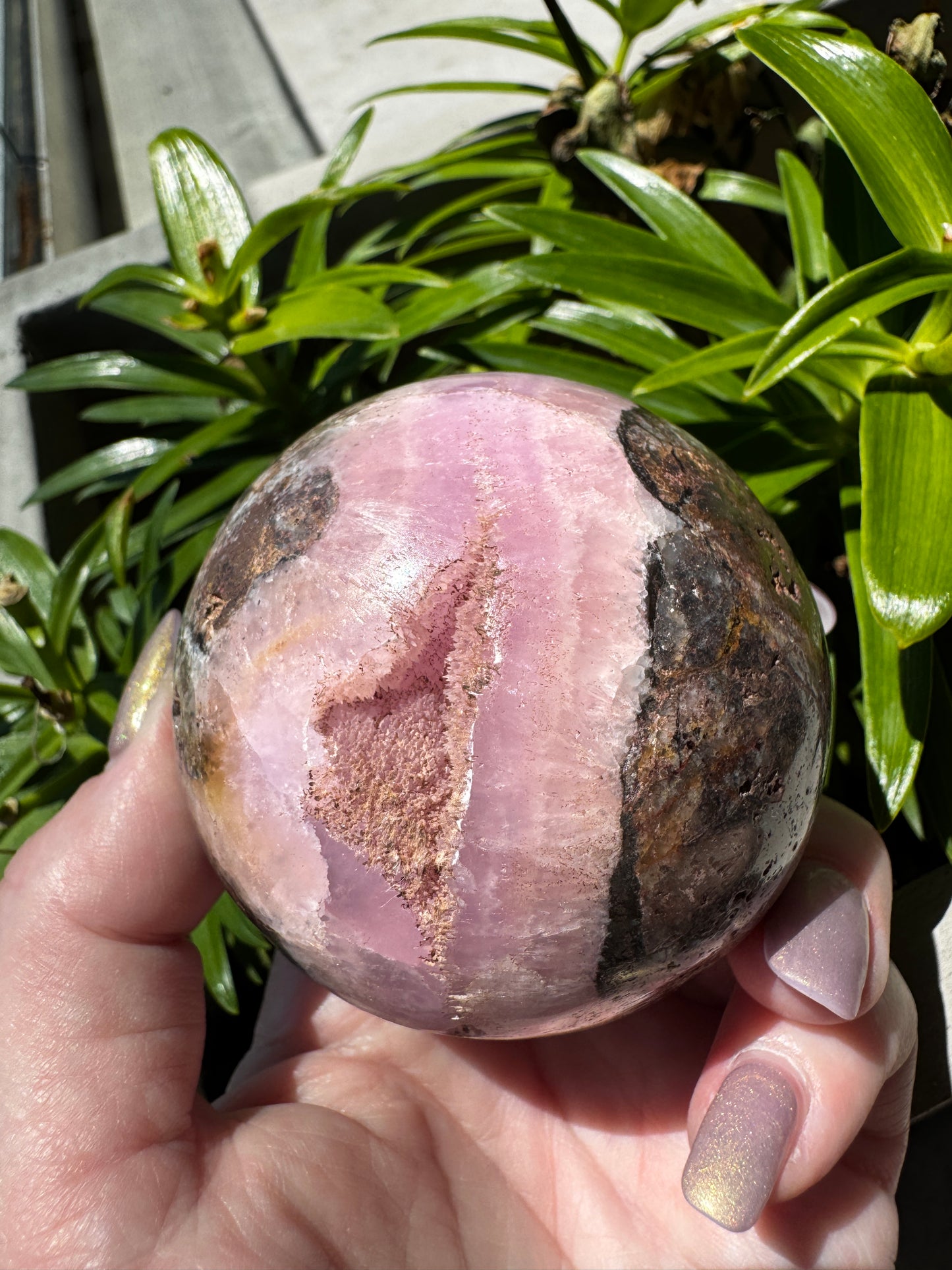 Pink Aragonite with Druzy Cave & Magnetite Sphere 383 Grams