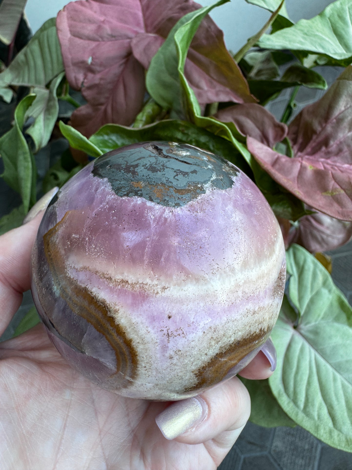 HUGE Pink and Purple Aragonite & Magnetite Grounding Love Sphere 655 Grams