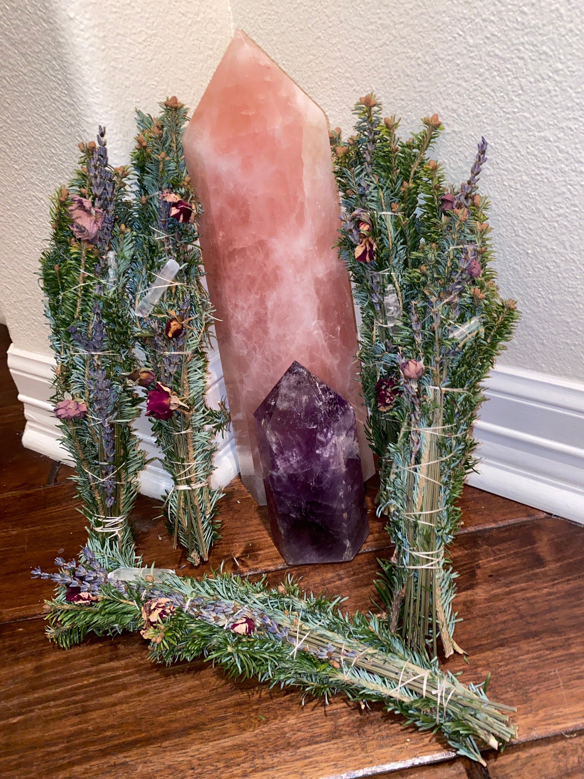 Organic Fraser Fir Lavender Rose Buds  in a tight smudge bundle with either a clear crystal point or selenite stick