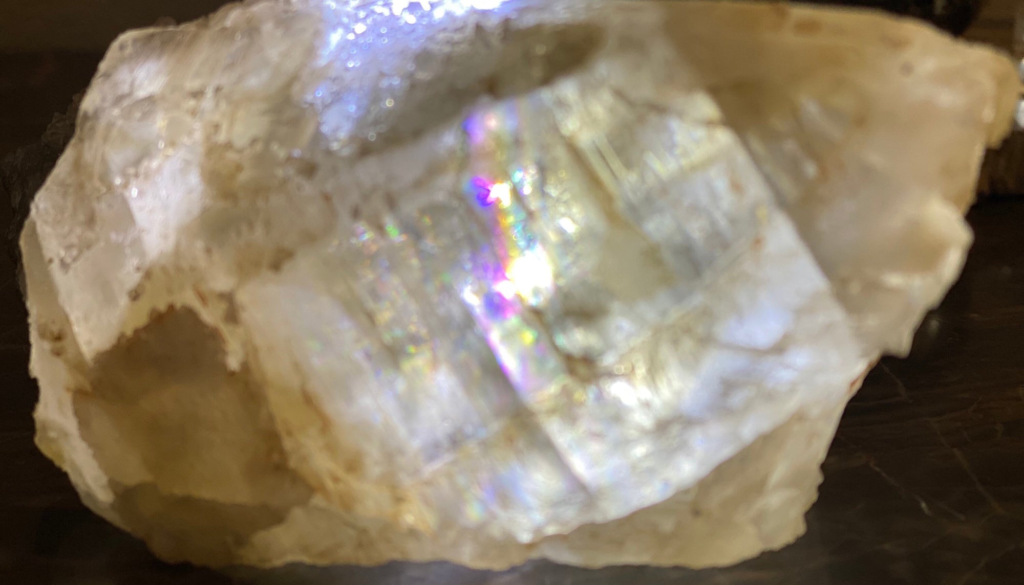 Massive Calcite Yellow Rainbow Phantom on Quartz 2.16 lbs