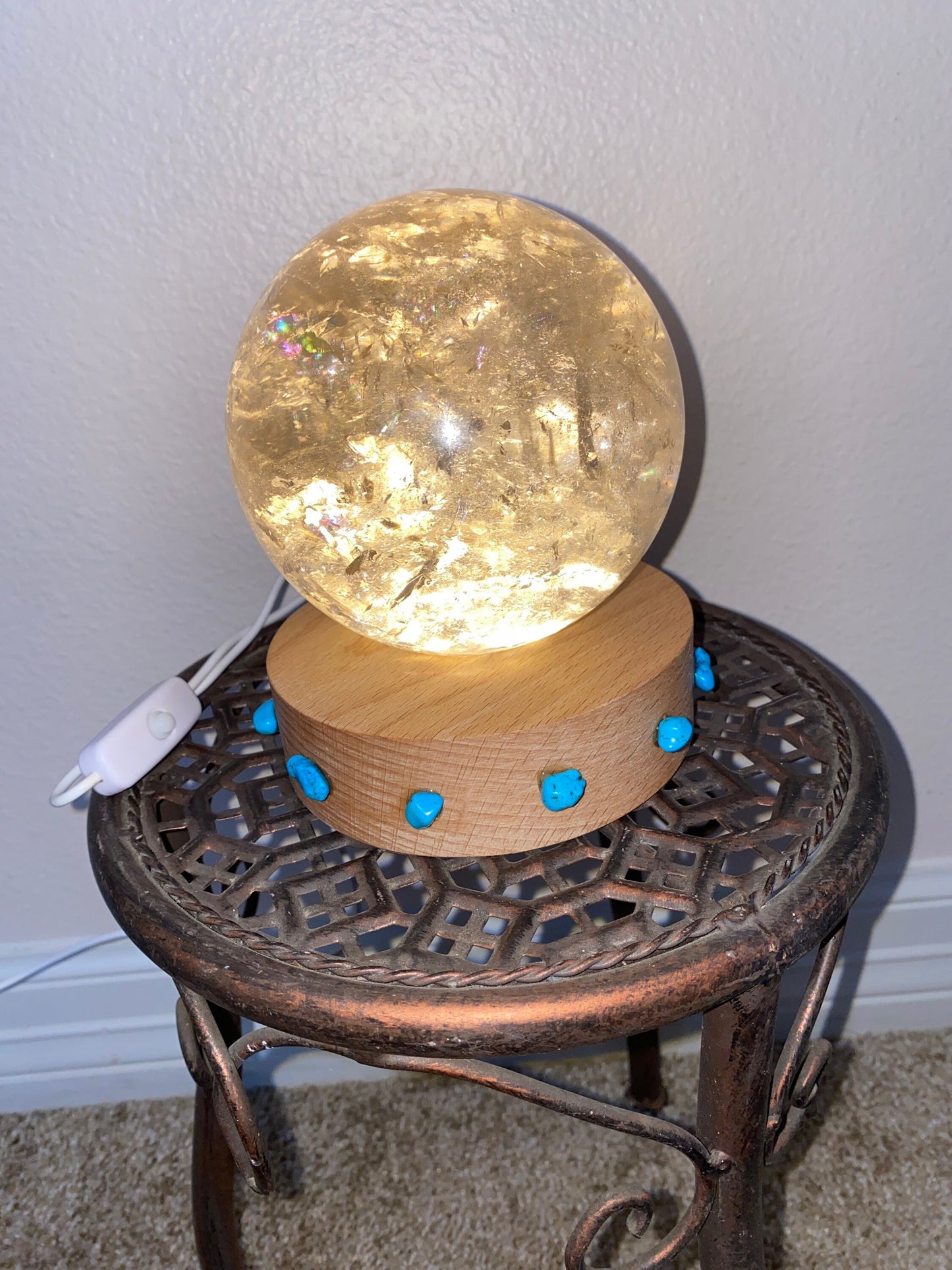 Turquoise Wooden Lit Stand lamp for Crystals