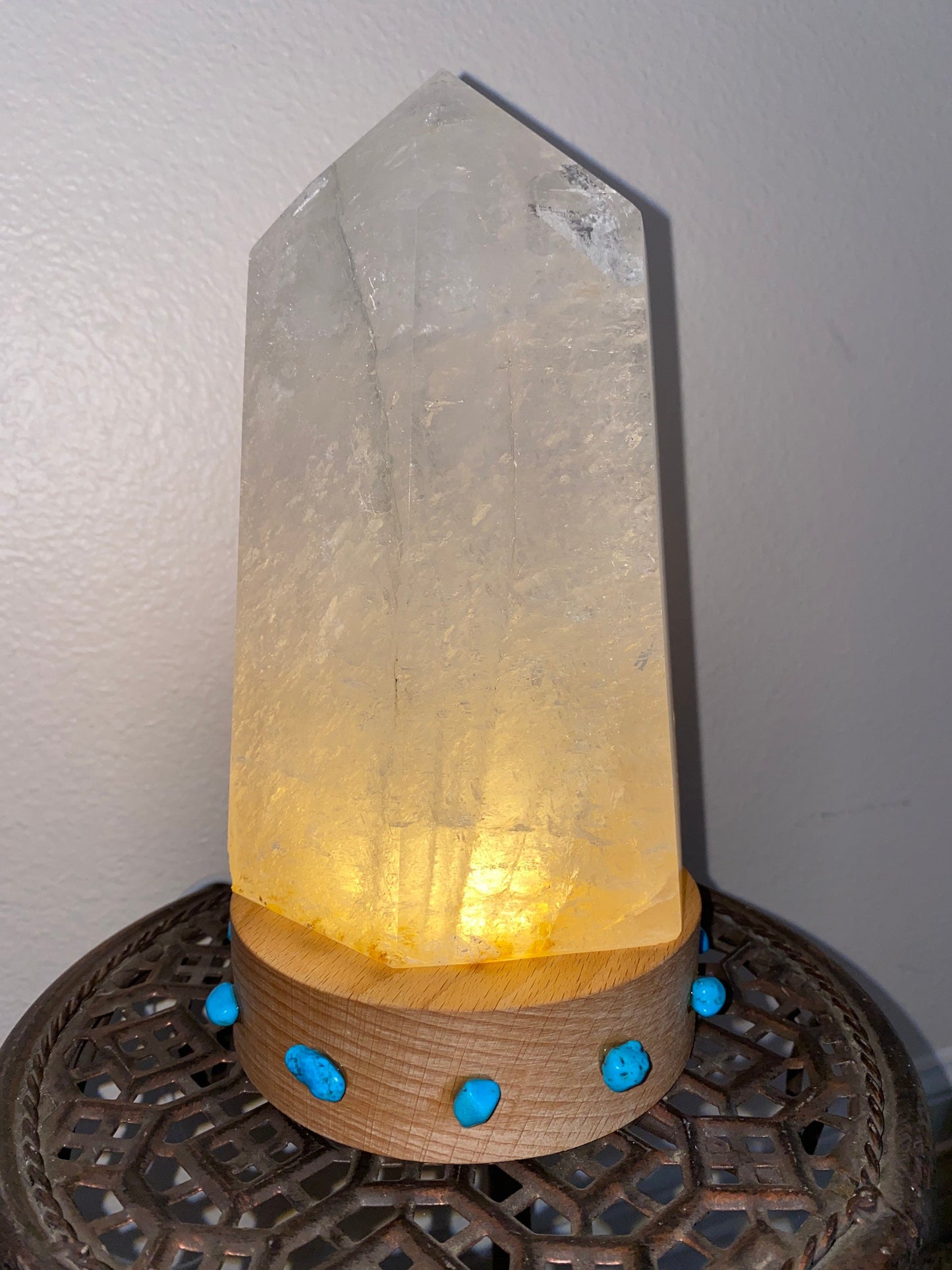 Turquoise Wooden Lit Stand lamp for Crystals