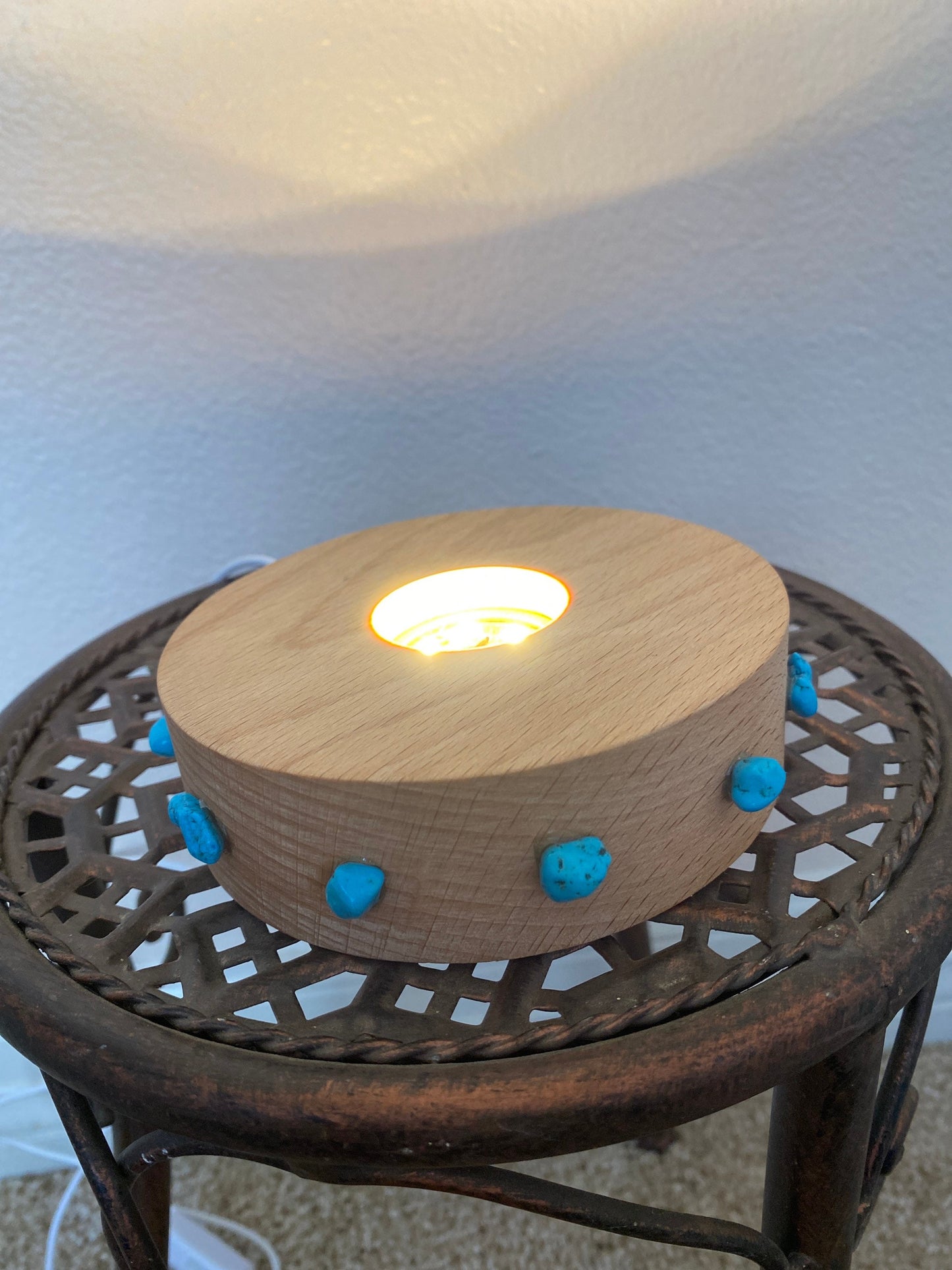 Turquoise Wooden Lit Stand lamp for Crystals