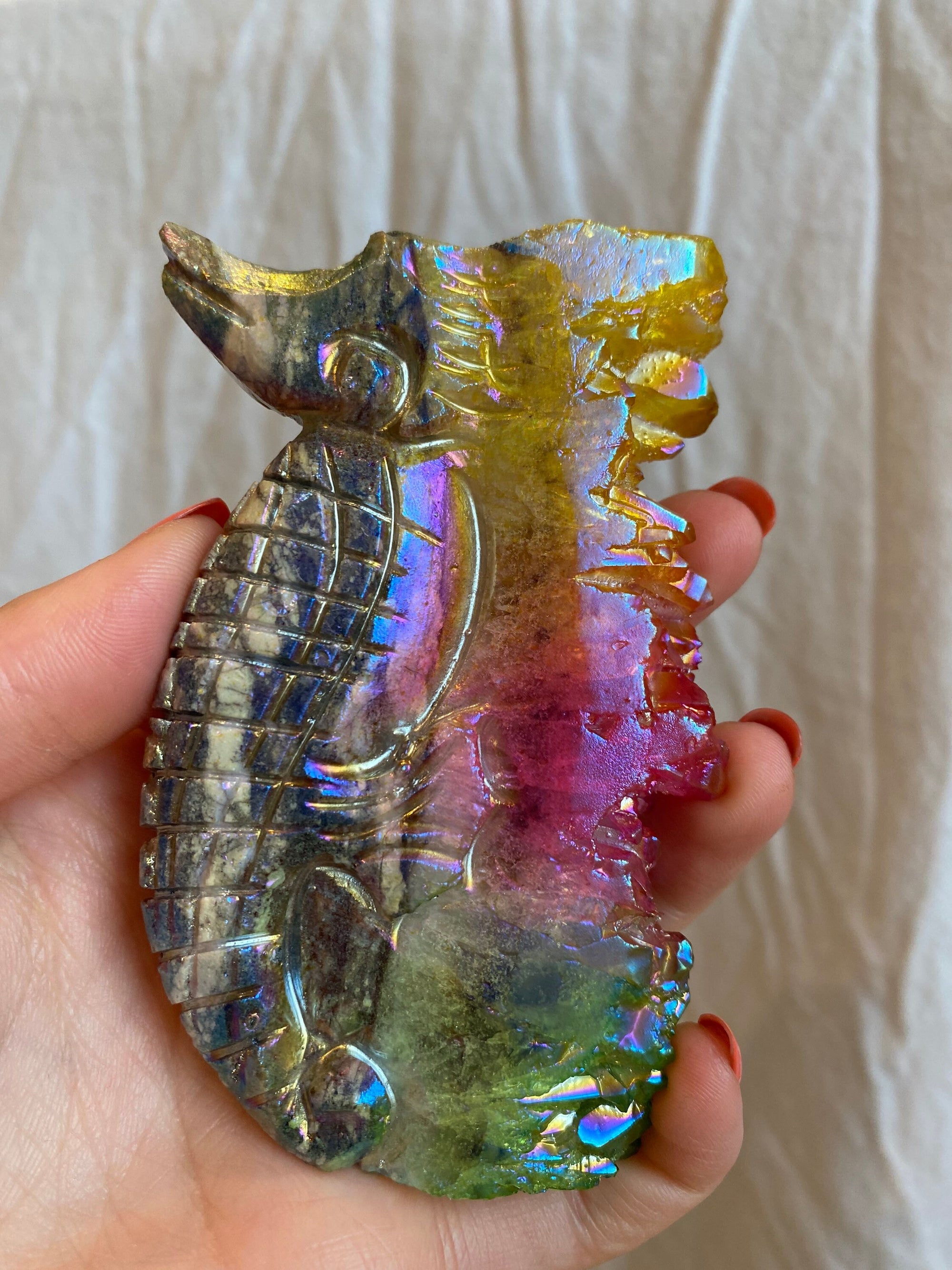 Rainbow Aura Quartz Seahorse Carving 5.17 oz