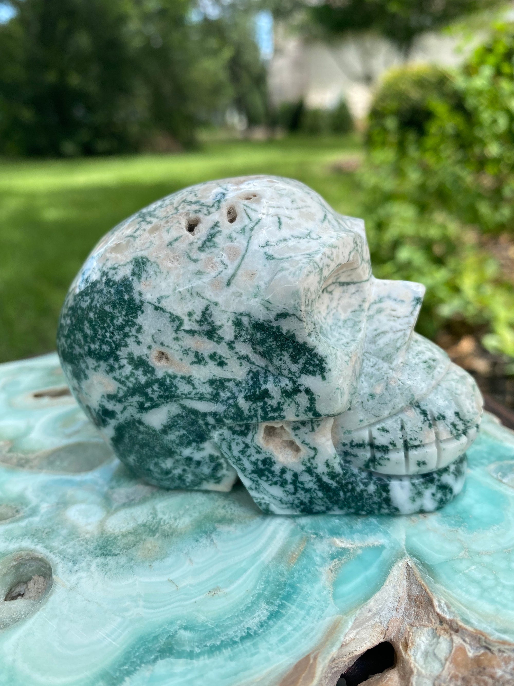 Natural Moss Agate Hand Carved Skull 361 grams